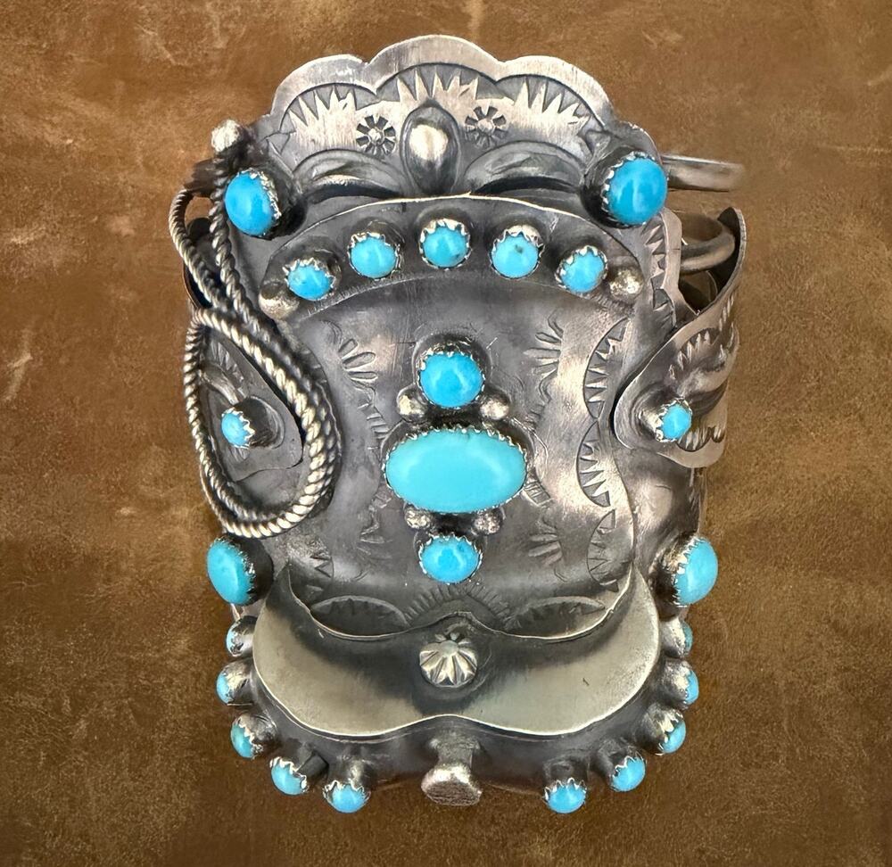 Navajo Sterling Silver & Turquoise Saddle Cuff Bracelet Native Tim Yazzie